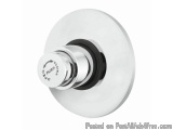 The image shows a round, silver-colored shower faucet with a black knob on the right side. The knob has a round shape with a...