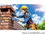 The image shows a young woman wearing a yellow hard hat and blue overalls, working on a brick chimney. She is wearing a tool...