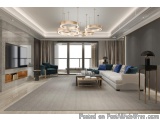 The image shows a modern and luxurious living room with a high ceiling and a large window. The room has a large white sofa wi...