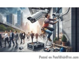 The image shows a man working on a security camera mounted on the side of a building. He is wearing a hard hat and safety ves...