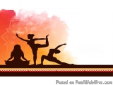 The image is a digital illustration of three women performing yoga poses. The background is a gradient of orange and pink, wi...