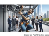 The image shows a man in a blue jumpsuit and harness, holding a security camera and looking up at the sky. He is standing on...