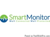 The image is a logo for a company called SmartMonitor. The logo is rectangular in shape and has a blue and green color scheme...