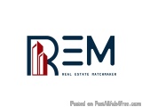 The image is a logo for a real estate matchmaker named REM. The logo consists of the letters "REM" in a bold, sans-serif font...
