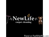 The image is a logo for a carpet cleaning company called NewLife. The logo is black with white text that reads "NewLife" in a...