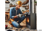 In this image, we can see a man wearing a yellow hard hat and a denim jacket, kneeling on the floor in front of a wood-burnin...