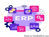 The image is a graphic design that represents the concept of ERP (Enterprise Resource Planning) in the middle of a purple cir...