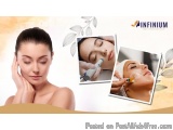 The image is an advertisement for a beauty treatment called Infinium. It features three photos of a young woman with her eyes...