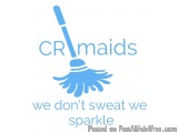 The image is a logo for CRMaids, a cleaning company. The logo is a blue mop with the word "CRMaid" written in white capital l...