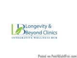 The image is a logo for a company called "Longevity & Beyond Clinics". The logo is written in a modern, sans-serif font and i...