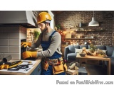 In this image, we can see a man wearing a yellow hard hat and blue overalls, working in a kitchen. He is standing in front of...