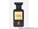 The image is of a perfume bottle from the brand Toscano Leather. The bottle is rectangular in shape with a black cap on top....