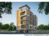 The image is a 3D rendering of a modern apartment building. The building is a two-story structure with a flat roof and multip...