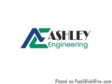The image is a logo for Ashley Engineering. The logo is rectangular in shape and has a blue and green color scheme. The word...