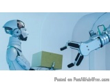 The image shows a robot with a white body and a blue helmet. The robot is holding a yellow box in its hand and appears to be...