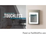 The image shows a wall-mounted water dispenser with the text "WAE Hydration Pro Go Touchless for a safe & healthier workplace...