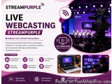 The image is an advertisement for Streampurple, a live webcasting company. The background of the image is a purple gradient w...