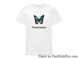 The image is of a white t-shirt with a graphic design on the front. The design features a colorful butterfly with its wings s...