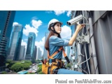 The image shows a young woman wearing a white hard hat and a blue uniform with orange straps and a tool belt. She is standing...