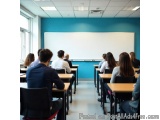 The image shows a classroom with a group of students sitting at desks facing a whiteboard. The desks are arranged in rows and...