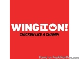The image is a red square with white text that reads "WING IT ON! CHICKEN LIKE A CHAMP!" The text is in a bold, sans-serif fo...