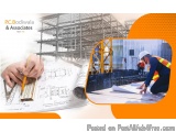 The image is an advertisement for PCBodiwala & Associates, a construction company. It features a close-up of a person's hand...