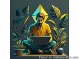 The image shows a man sitting on the floor with a laptop in front of him. He is wearing a yellow t-shirt and blue jeans. He h...