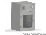 The image shows a 3D rendering of a metal cabinet with a door. The cabinet is rectangular in shape and has a light grey color...