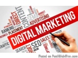 The image is a graphic design that represents digital marketing. It has a white background with a red banner in the center th...