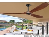 The image shows a modern ceiling fan with a wooden blade and a black base. The fan is mounted on a beige ceiling and is attac...