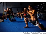 The image shows a group of people in a martial arts class. The class is taking place in a gym with blue mats and a punching b...