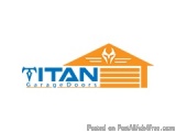 The image is a logo for Titan Garage Doors. It is a rectangular logo with a blue and orange color scheme. The logo features t...