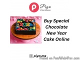The image is an advertisement for a special chocolate new year cake online. The background is white with a pink and white pol...