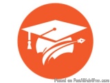 The image is a circular orange circle with a white graduation cap in the center. The cap has a tassel on the left side and a...