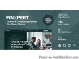 The image is a screenshot of a website called FinXpert - Finance & Consulting Business WordPress Theme. The website has a dar...