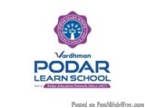 The image is a logo for Vardhman Podar Learn School. The logo is rectangular in shape and has a blue background with a pink b...