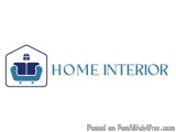 The image is a logo for a company called "HOME INTERIOR". It is a simple design with a blue color scheme and a white backgrou...