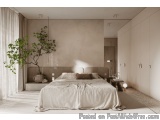 The image shows a modern and minimalist bedroom with a large bed in the center. The bed has a white comforter and several pil...