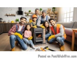 The image shows a group of seven people, six men and three women, gathered around a fireplace in a living room. They are all...