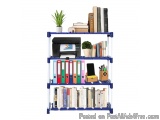 The image shows a blue metal shelving unit with three shelves. The top shelf has a small potted plant on the left side and a...