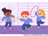 The image shows three children playing with hula hoops in a gymnasium. The children are of different ages and ethnicities, wi...