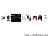 The image shows a collection of gaming accessories, including a black gaming controller, a red and black gaming headset, and...