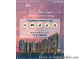 The image is an advertisement for Future Estate, a luxury apartment complex in Greater Noida, West Bengal, India. The backgro...
