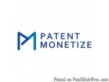 The image is a logo for a company called "Patent Monetize". The logo is written in a modern, sans-serif font and is in a blue...