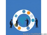 The image is an illustration of a group of six men in suits standing around a large circular globe. The globe is blue and has...