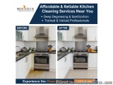 The image is a before and after comparison of a kitchen cleaning service. On the left side, the kitchen has white cabinets an...