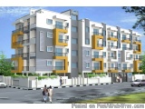 The image is a 3D rendering of a modern apartment building. The building is a two-story structure with a flat roof and multip...