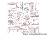 The image is a collection of various spa-related icons and illustrations. The icons are arranged in a grid-like pattern with...