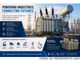 The image is an advertisement for a high-performance power transformer company called "Powering Industries. Connecting Future...