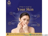The image is an advertisement for a product called "Things to avoid for Your Skin". It features a young woman with her hands...